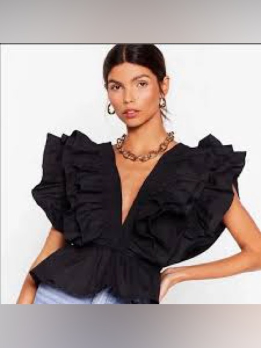 NWT Nast Gal Plunging V Neck Ruffle Cropped Blouse